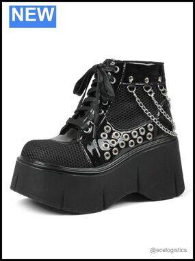 Black Platform Boots Wedge Goth Lace Up Chain Mesh Punk Combat Ankle Booties
